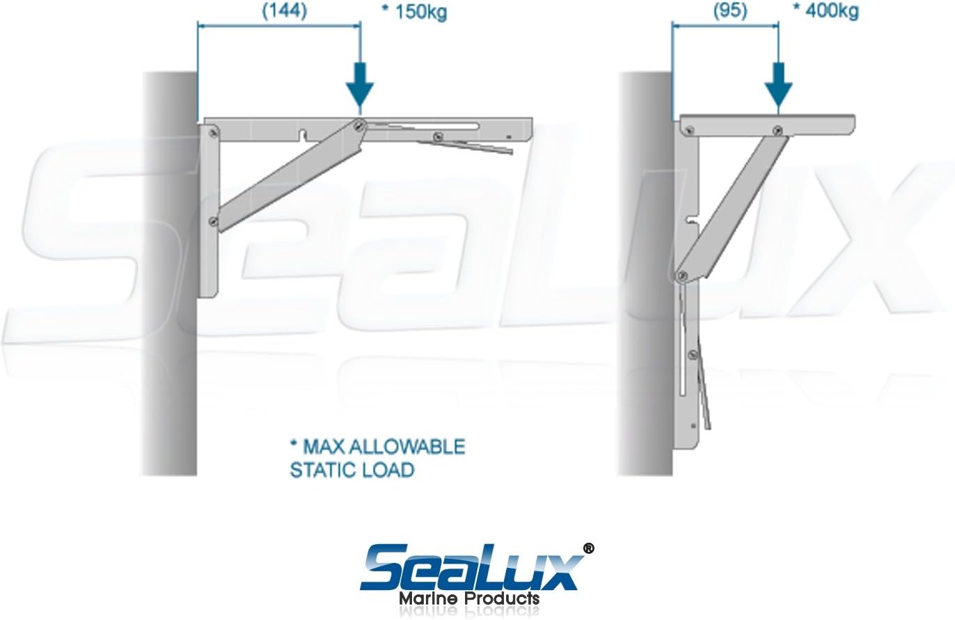 Folding Brackets, 90 Degree Shelf & Table Support, Stainless Steel, 12" Long Arm, Max. 330 lb Load Rating, Sold as 2 Pcs