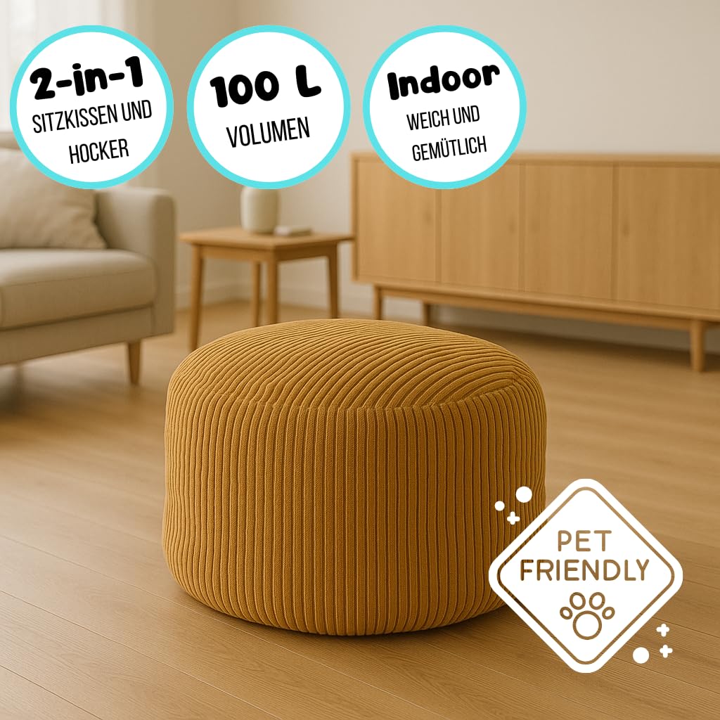 chilly pilley Repose Pieds Pouf De Jeu en Velours Côtelé Tabouret Étanche Housse Amovible avec Rembourrage Eps Coussin De Siège Rond pour Enfants Et Adultes Plusieurs Couleurs Au Choix (Crème)