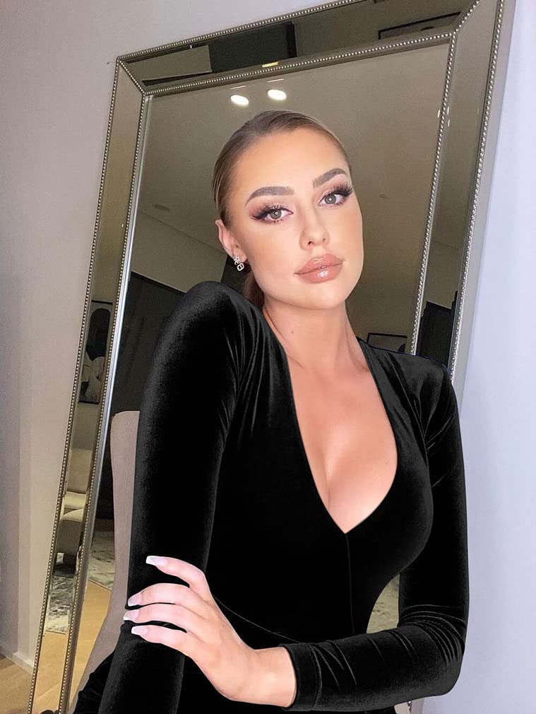 ZileZile Women's Sexy Bodycon Long Sleeve Deep V Neck High Slit Cocktail Party Maxi Dresses