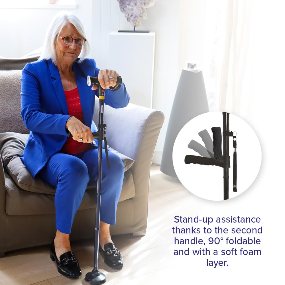 DR-HO'S Get Up & Go - Bastón de lujo plegable, altura ajustable con luz y alarma, base de 4 puntos, soporte de movilidad de doble mango para personas mayores y adultos