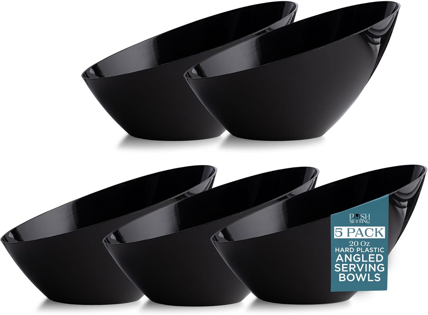 Posh Setting - Black Plastic Serving Bowls for Party - Angled, Disposable, Chip & Candy Bowls - 20 OZ, 5 Pack