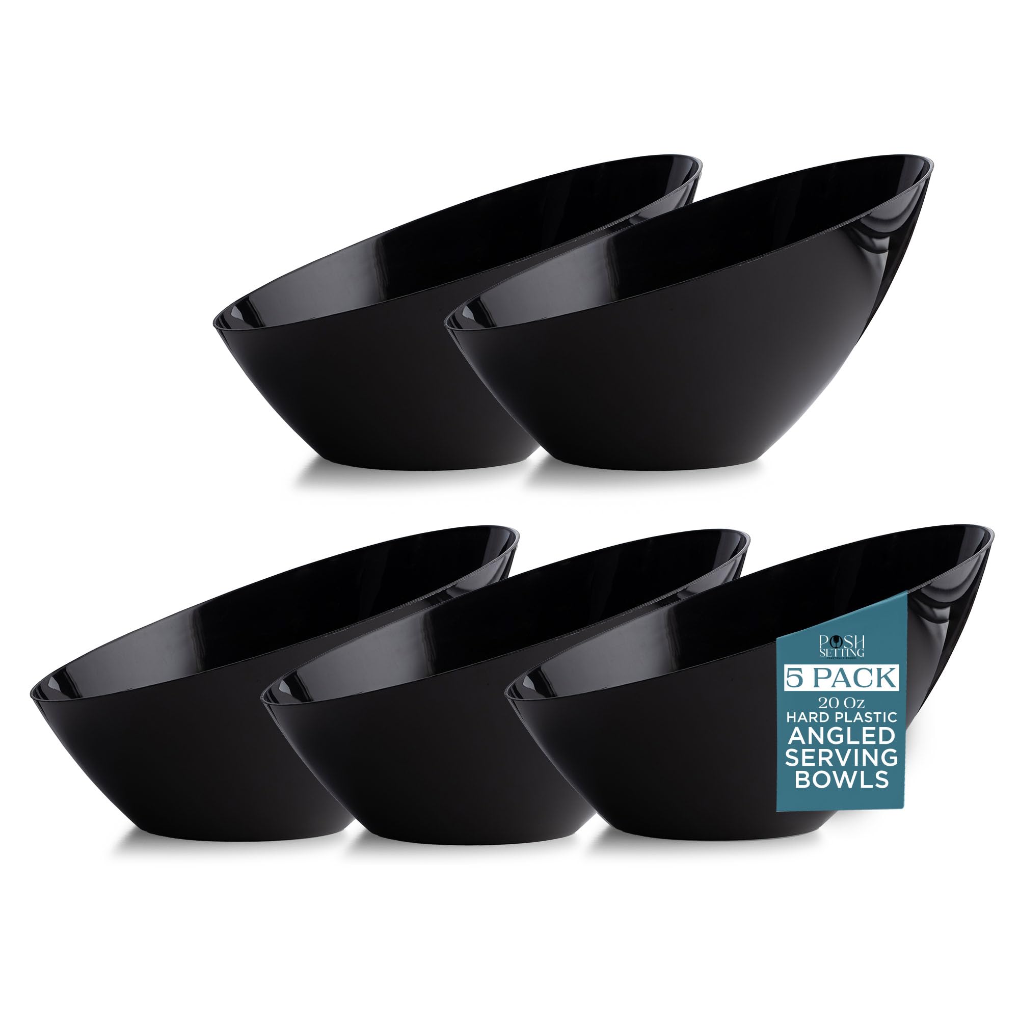 Posh Setting - Black Plastic Serving Bowls for Party, Angled Disposable Chip and Candy Bowls, Salad and Fruit Bowls for Wedding, 20 OZ, 5 Pack