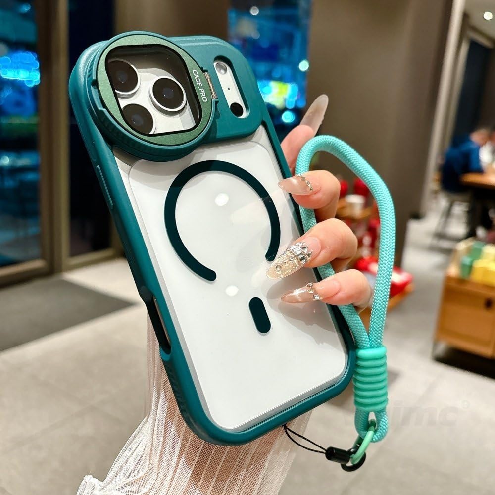 Etui magnetyczne z uchwytem na obiektyw ze szkła składanego, przezroczyste, do iPhone'a 17 16 15 14 13 12 11 Pro Max, pasek na nadgarstek, odporne na wstrząsy, ciemnozielone, do iPhone'a 17Air