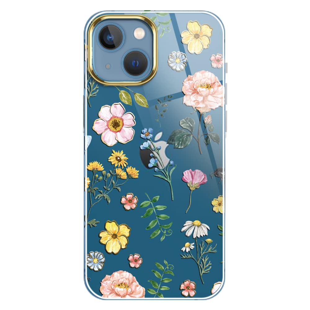 luolnh Compatible with iPhone 13 Case with Flower,for Girly Women,Shockproof Clear Floral Pattern Hard Back Cover for iPhone 13 6.1 inch 2021-Purslane