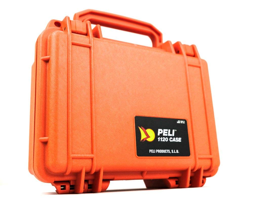 PELI 1120 Funda de cámara rígida y estanca para equipos fotográficos y delicados, IP67 estanca e impermeable al polvo, 2L de capacidad, fabricada en EE.UU., sin espuma, color naranja