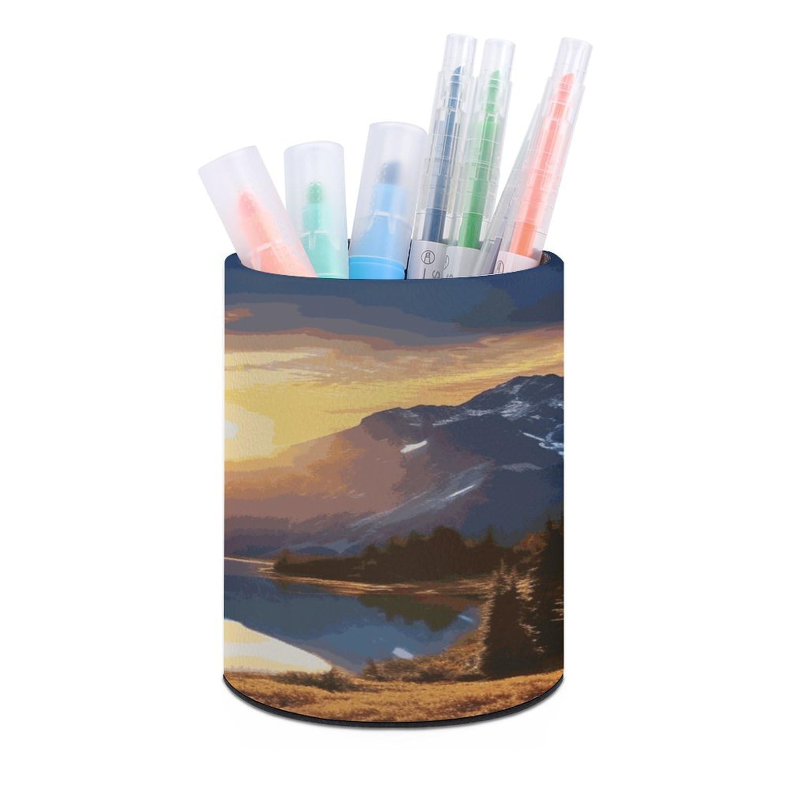 JTREHY Mountain Sunrise Round Pen Holder Makeup Brush Holder PU Leather Stationery Organizer Office Accessories Container Box