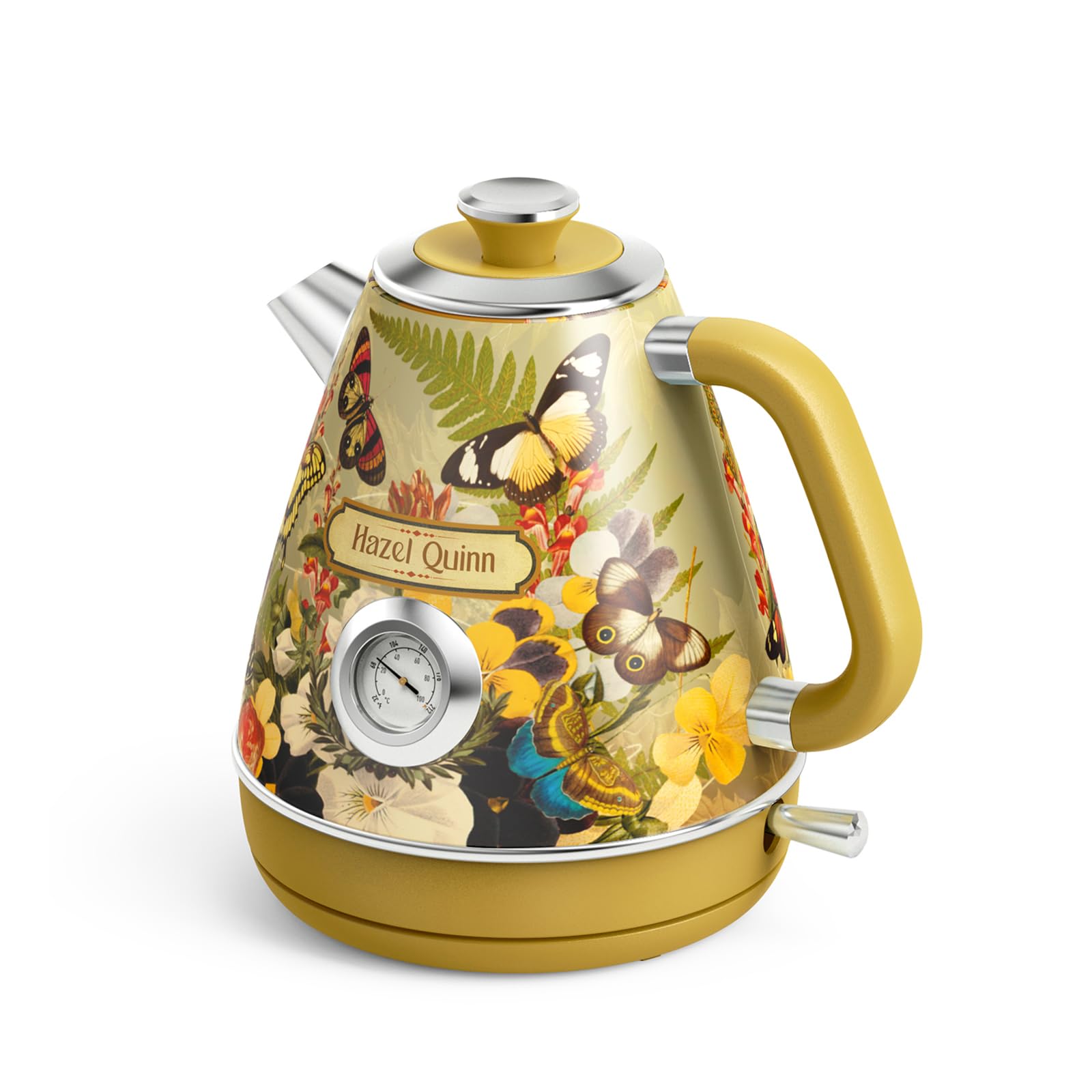Hazel Quinn × Eduardo Recife Wasserkocher Retro Vintage 1,7L, Floral Design | Edelstahl, 1,7 Liter, 2200 W, BPA-frei, kabellos, Abschaltautomatik Vintage-Design für Familien, Paare und moderne Haushalte