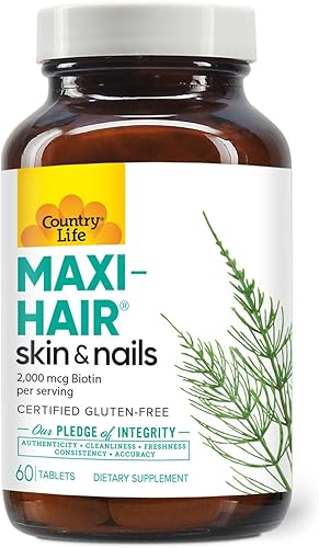 Country Life Suplemento Maxi-Hair - 2000 mcg de biotina y vitaminas para cabello, piel y uñas - Certificado sin gluten y vegetariano - Apoya el