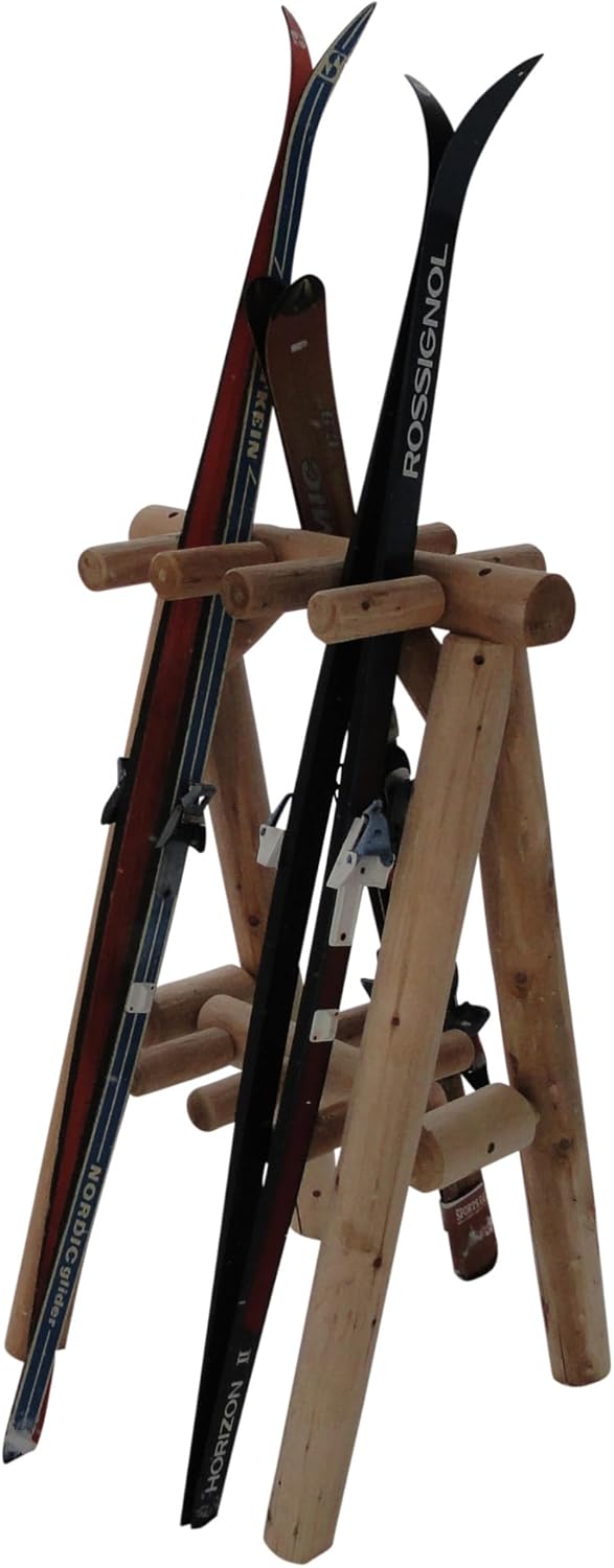 9-Place Freestanding Log Ski Rack Holder, Indoor & Outdoor Snowboard Racks, Garage Racks for Snow Skis & Poles, Snowboard Rack Garage Storage Organizer- Canyon Brown + 15" Anchor Kit