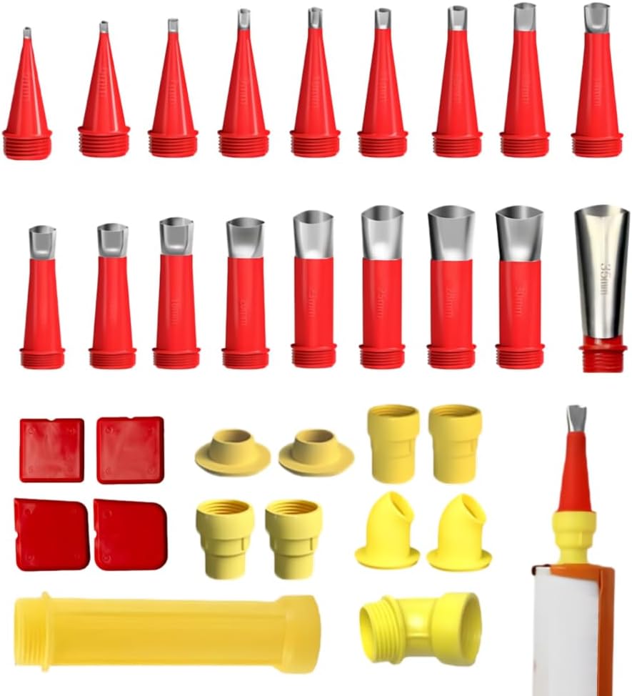 32PCS Stainless Steel Caulk Nozzle Kit - Universal Tips for Construction Adhesive, Silicone & Sealant | 18 Detachable Nozzles + 6 Bases + Angled Tips + Scrapers | Professional Sealant Gun Accessories