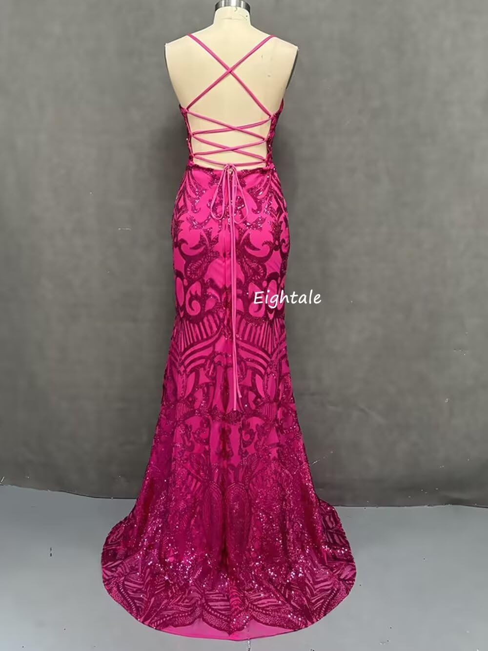 Eightale Sparkly Sequin Prom Dress with Slit Lace Applique Mermaid Bodycon Formal Evening Party Gown