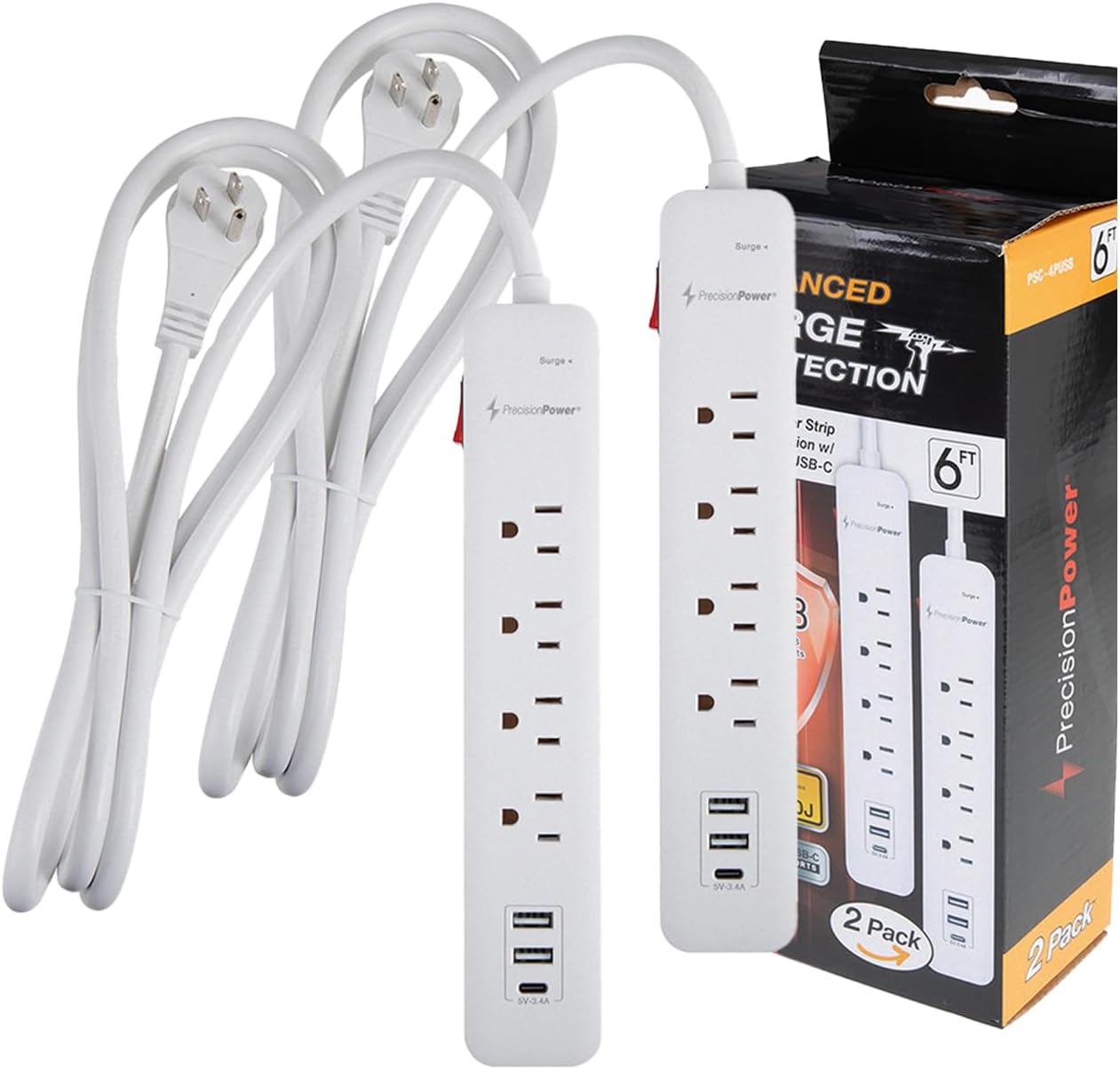 Precision Power 6-Ft Long Surge Protector Extension – Heavy Duty Flat Plug with 4 Outlets, 3 USB Ports, Multi-Outlet Use w/LED Lights Indicator, Ideal for Home, Office & Everywhere – Pack of 2