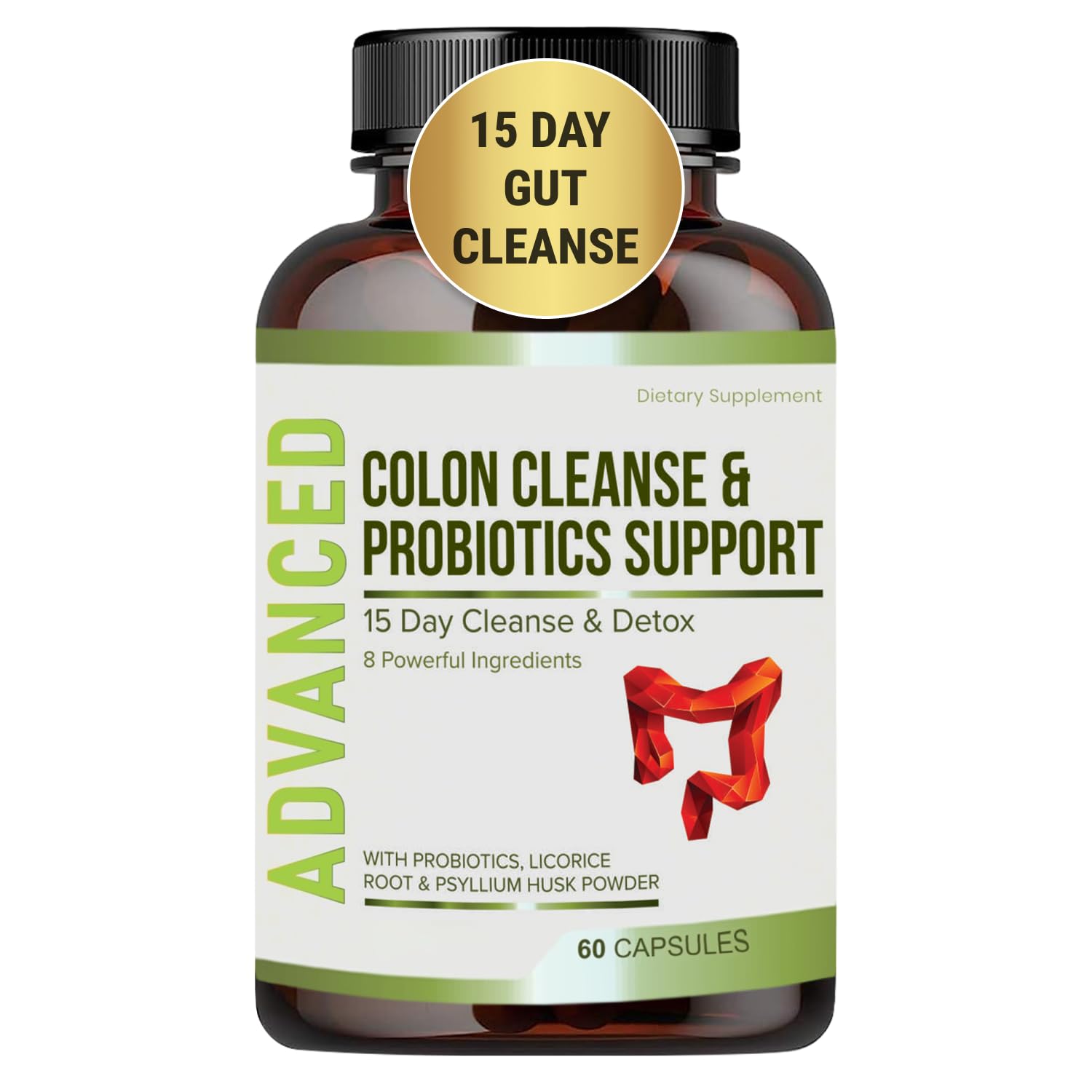 15 Day Gut Cleanse Detox for Women & Men - Advanced 15 Days Colon Cleanse with Probiotics and Psyllium Husk for Constipation Relief, Digestive Health, Colon Cleanser & Gut Health.60 Caps.
