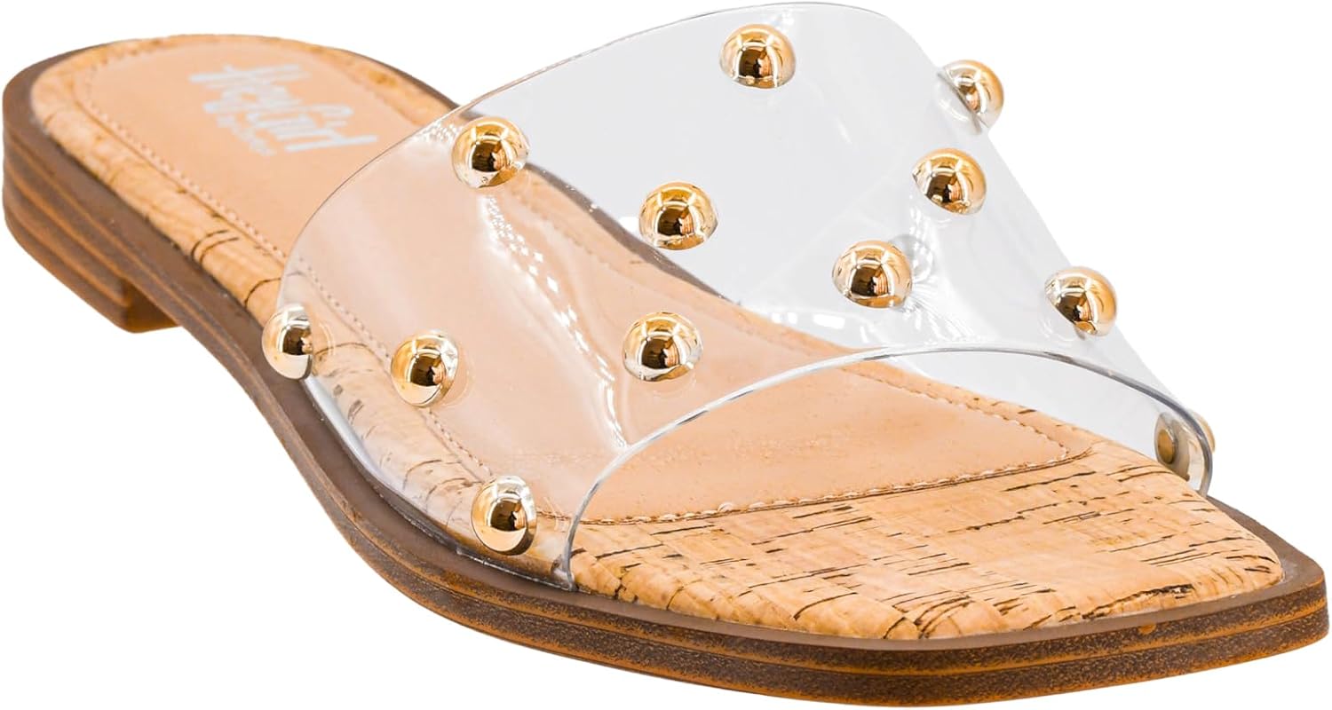 Corkys Footwear Hey Girl Women’s Come Aboard Sandal – Featuring a Wide Band with Stud Embellishments, a Lightly Cushioned Insole, a Square Toe, and Slip-on Design