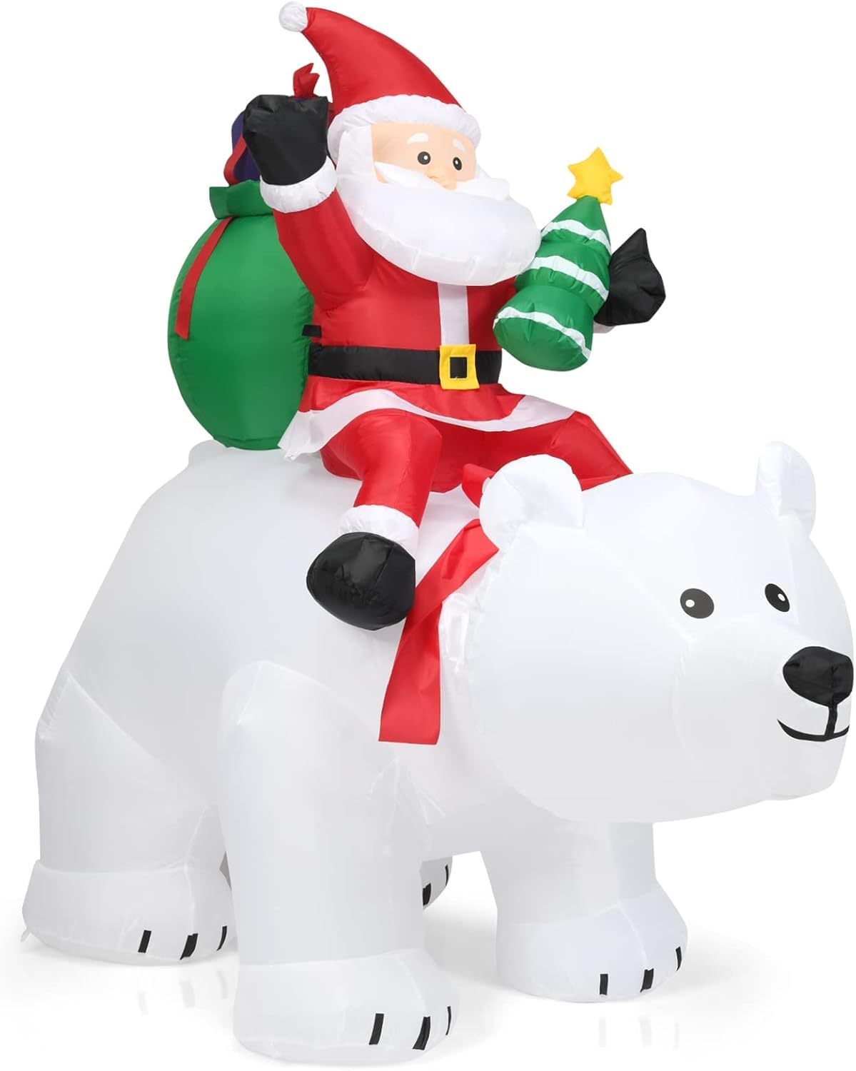 GOPLUS 175CM Papá Noel sobre Oso Polar Inflable con Cabeza Agitada, Decoración Navidad Exterior Iluminada con Luz LED y Accesorios de Montaje, Adornos Navidad Grande para Jardín