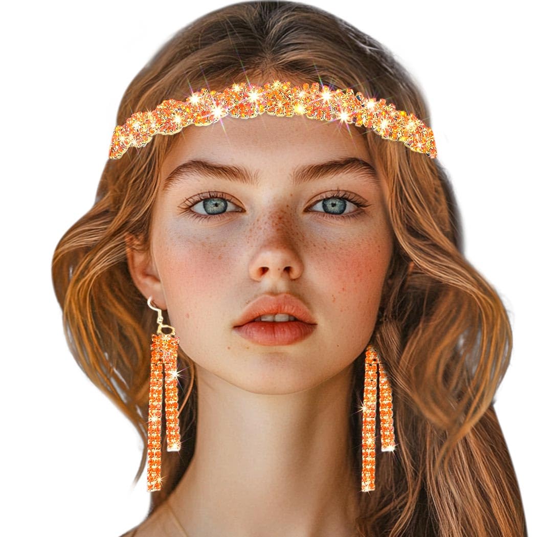 Barode Braided Rhinestones Headband Earrings Gold Crystal Hairbands Eardrop Sparkle Head Chain Tassel Jewelry Set for Women (Orange, Free Size)