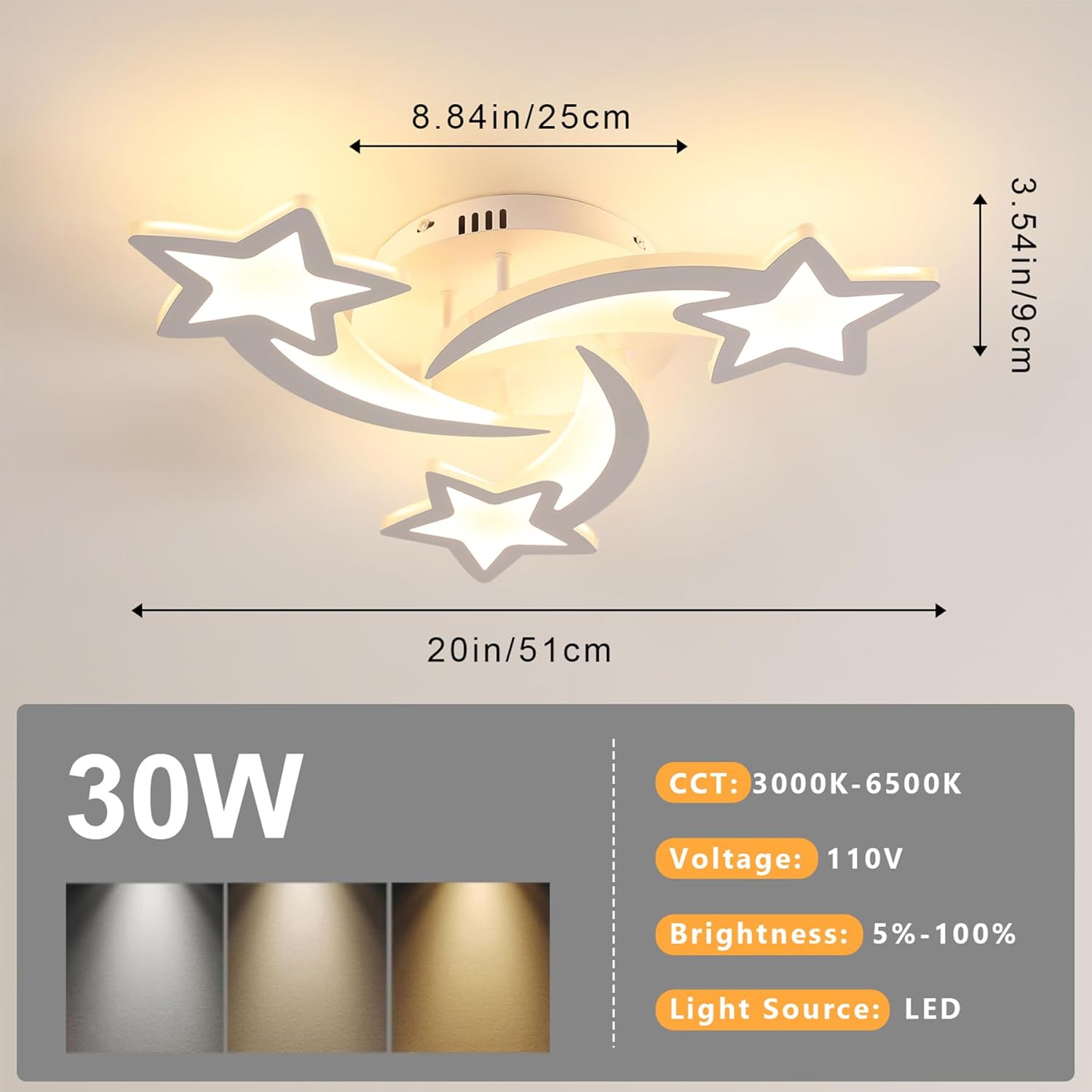 DELIPOP Kids Room Ceiling Light, 30W Dimmable Modern Ceiling Light, 3 Stars Shape Flush Mount Ceiling Lights for Bedroom Living Room Dining Room