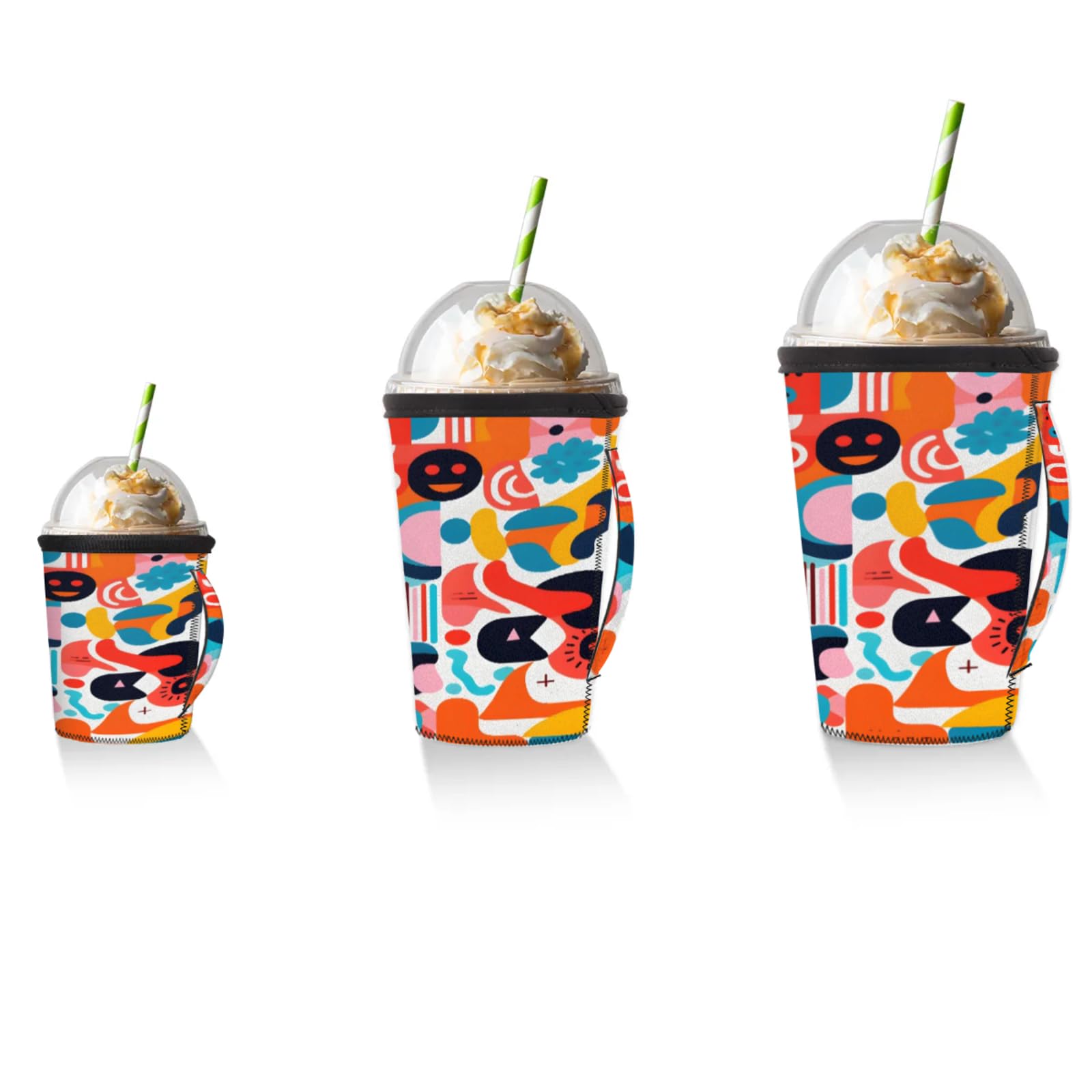 Abstract Graphic Art Reusable Neoprene Coffee Sleeve with Handle Insulated Iced Coffee Cup Holder Reduces Condensation Fits 24-28 oz Cups M