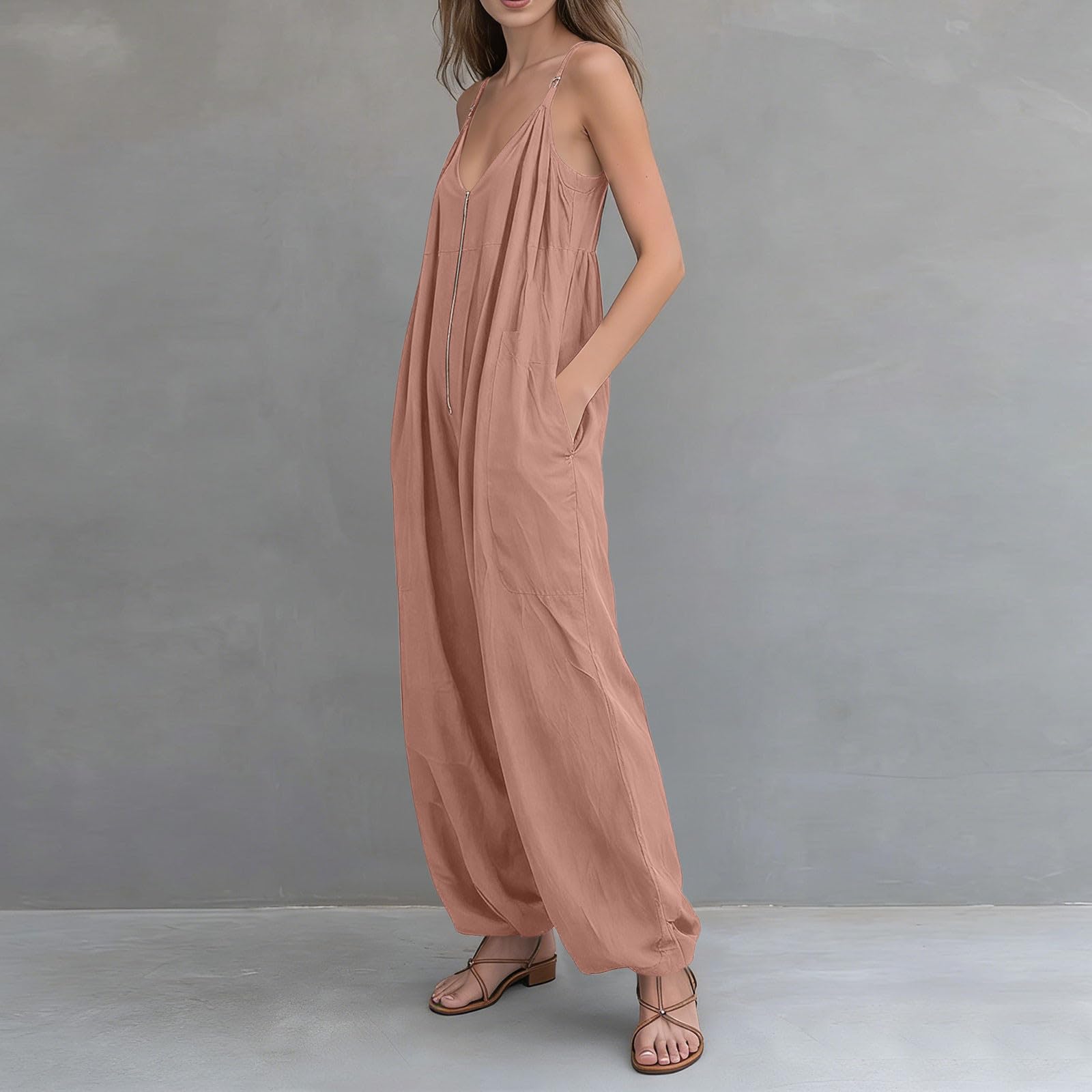 Monos Largo de Cuello en V con Media Cremallera para Mujer Sueltos Casual Overol de Pinerna Ancha con Bolsillos Cómodo Mameluco Sin Mangas Baggy Jumpsuit Playa