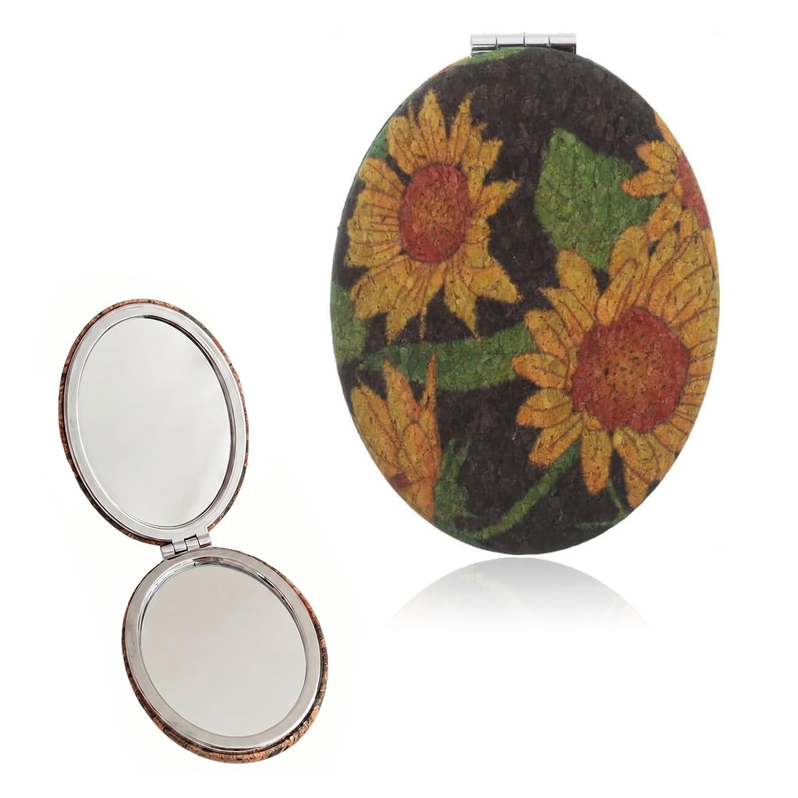 Specchio da Borsa Pieghevole con Girasole, specchietto da borsetta, Specchietto Trucco Portatile Vintage in Metallo e Vetro, Specchio Tascabile Magnetico per Donna e Ragazza, Nero e Giallo