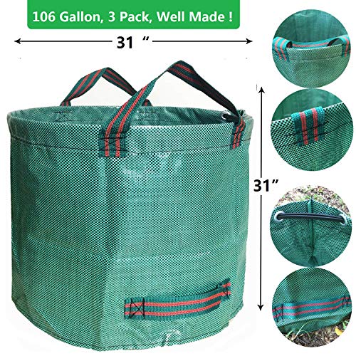 Professional 3-Pack 106 Gallons Lawn Garden Bags (D31, H31 inches) Reusable Yard Leaf Waste Bags with Coated Gardening Gloves - Storage Bag,Patio Bag,Laundry Container,Trash Can with 4 Handles