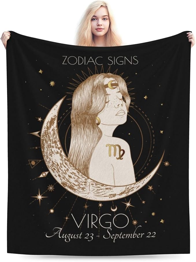 Virgo Blanket Zodiac Signs Gifts for Women, Moon Constellations Theme Black Throw Blanket Soft Cozy Flannel 60