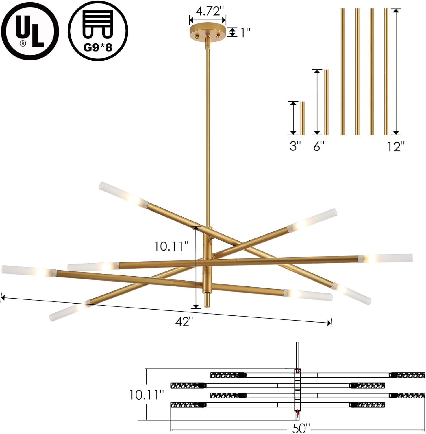 Modern Sputnik Chandelier for Entryway, Industrial Gold Pendant Lighting, 8-Light Vintage Hanging Light Fixture for Dining Room Bedroom Kitchen Foyer