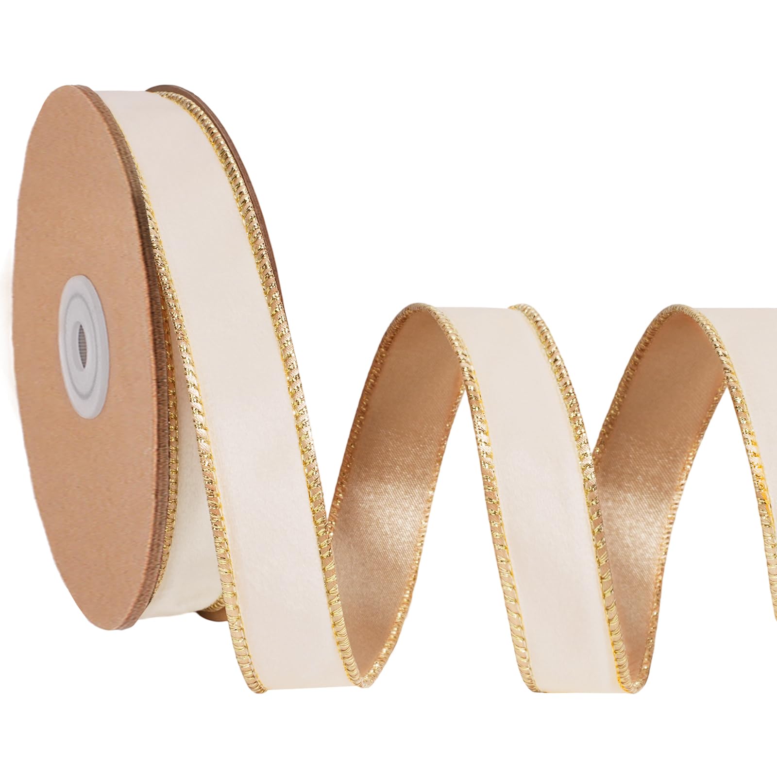 LaRibbons Ivory Velvet Wired Ribbon, Gold Edge, Gold Satin Back, 1 Inch