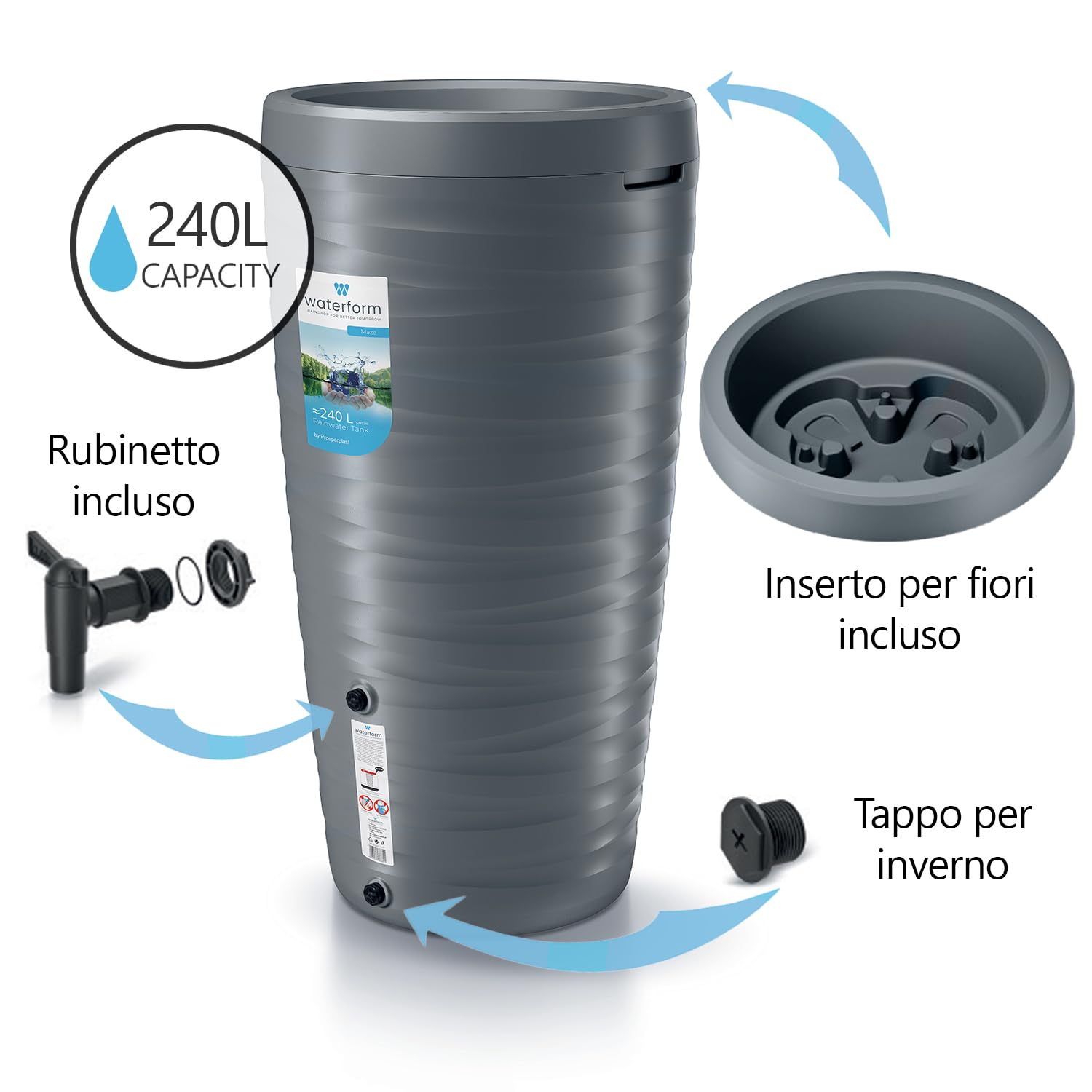 Serbatoio per Acqua Piovana Maze 240L | Ø59,3x114 cm | 2 Punti di Attacco | Incluso Inserto per Fiori Rubinetto e Sistema di Raccolta Acqua | Cisterna da Giardino | Colore Grigio Design Moderno