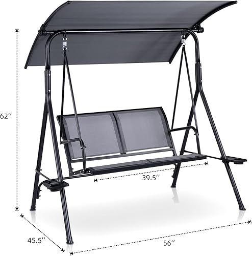 Miniatura 2 de Backyard Expressions - Columpio para patio para 2 personas con tela gris y marco de metal negro, capacidad de peso de 450 libras