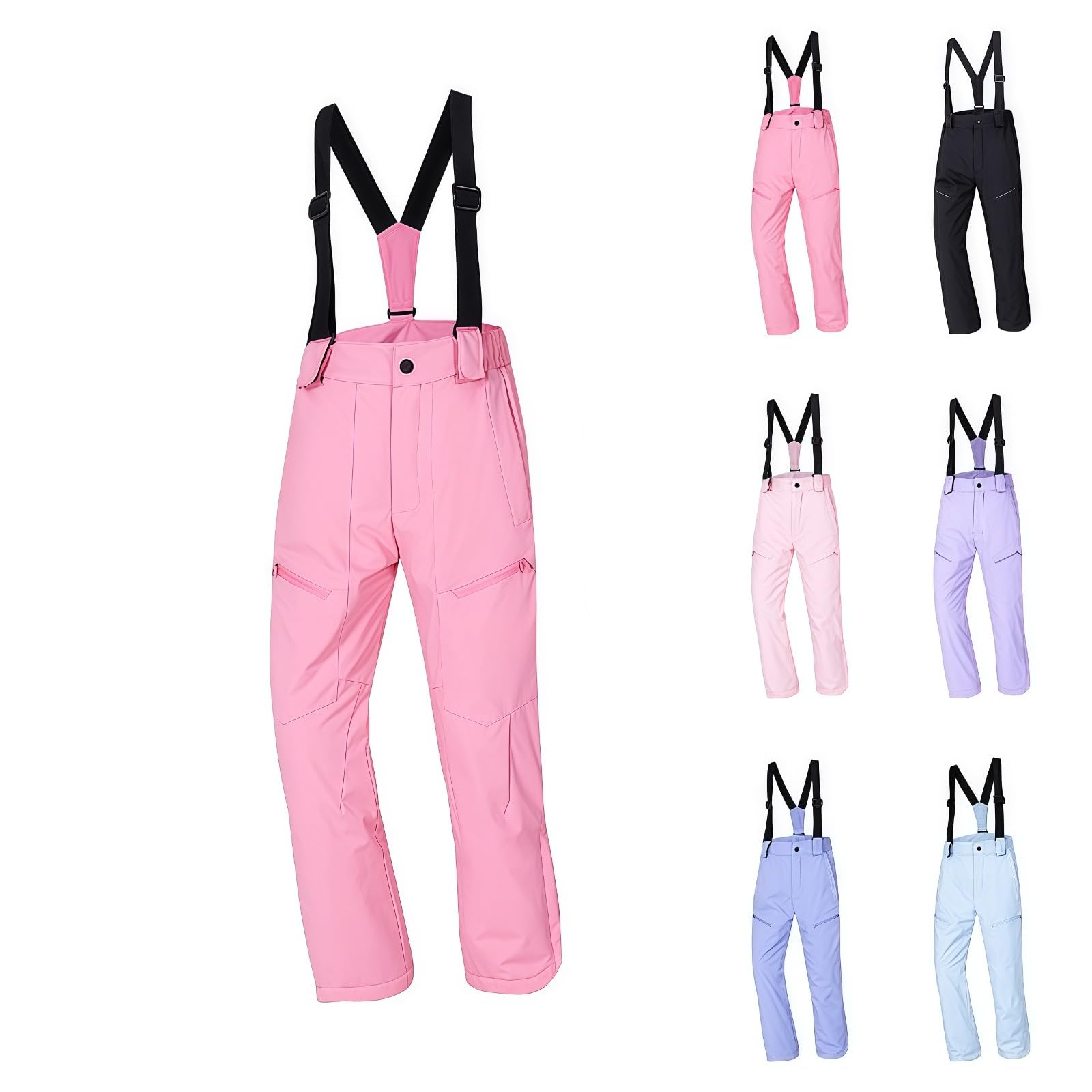 Pantalon de neige unisexe pour enfant - Pantalon de ski d'extérieur avec bretelles - Détails réfléchissants - Fermeture à bouton - Coupe droite - Pantalon de ski pour activités de plein air, rose, 160