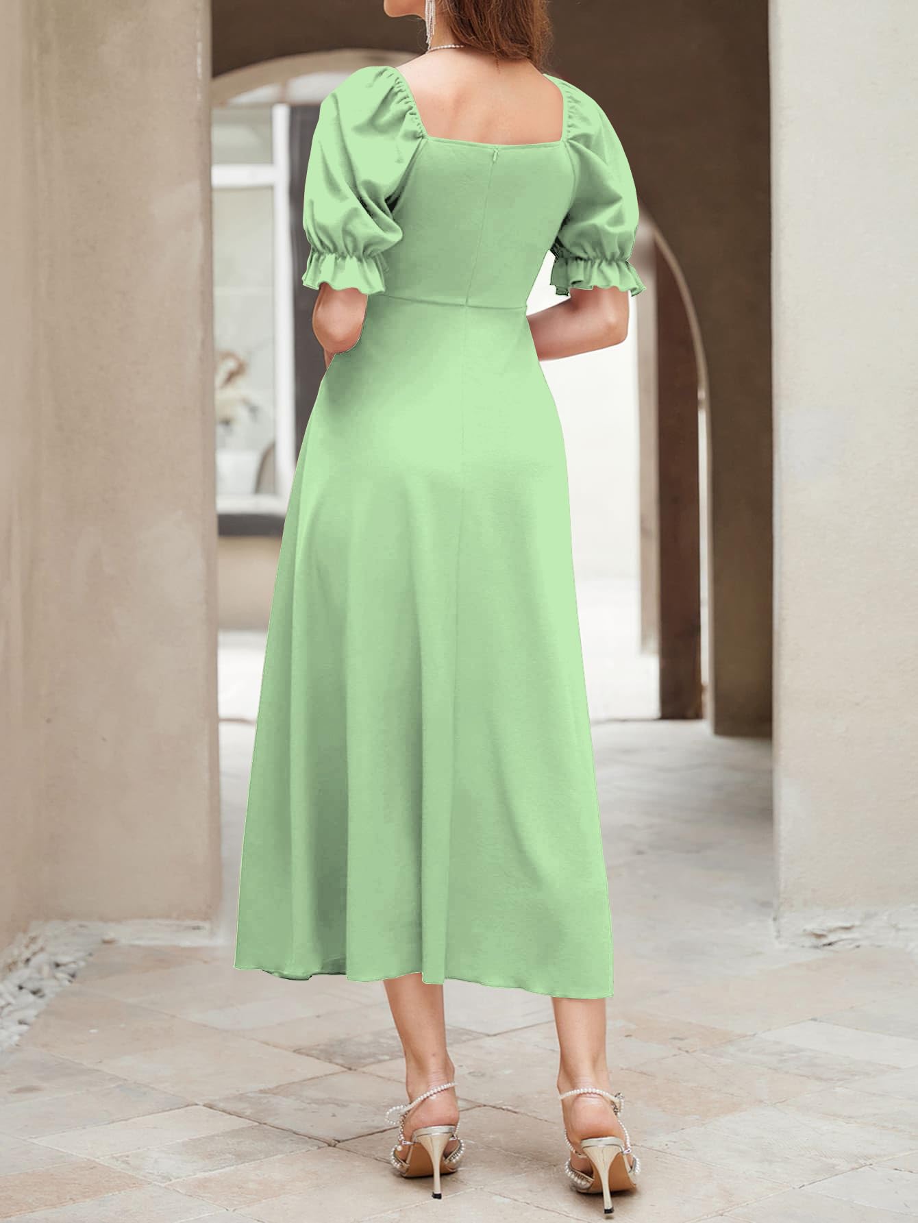 Shasmi Girl's & Women's Solid Pista A-Line Ruched Puff Sleeve Maxi Long Evening One Piece Long Dress For Women Stylish (Dress 131 Pista-S)