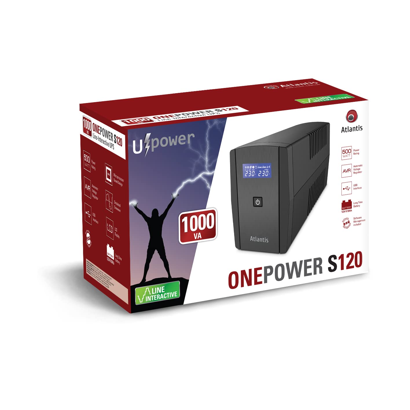 Atlantis Gruppo di Continuità UPS Line Interactive 1000VA/500W bat. 12V 9Ah | Onda pseudosinusoidale, Stabilizzatore AVR 3 stadi, 4 IEC, batteria 12V 9Ah, connessione USB, software gratuito, cod A03-S120