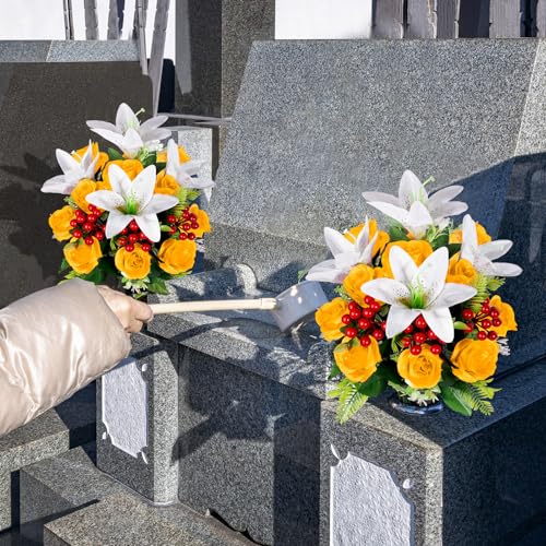Artificial Cemetery Flowers with Vase, Set of 2 Rose Lily Bouquet Graveside Decoration, Artificial Memorial Flowers for Easter Mother's Day Arrangements (Yellow) image 8