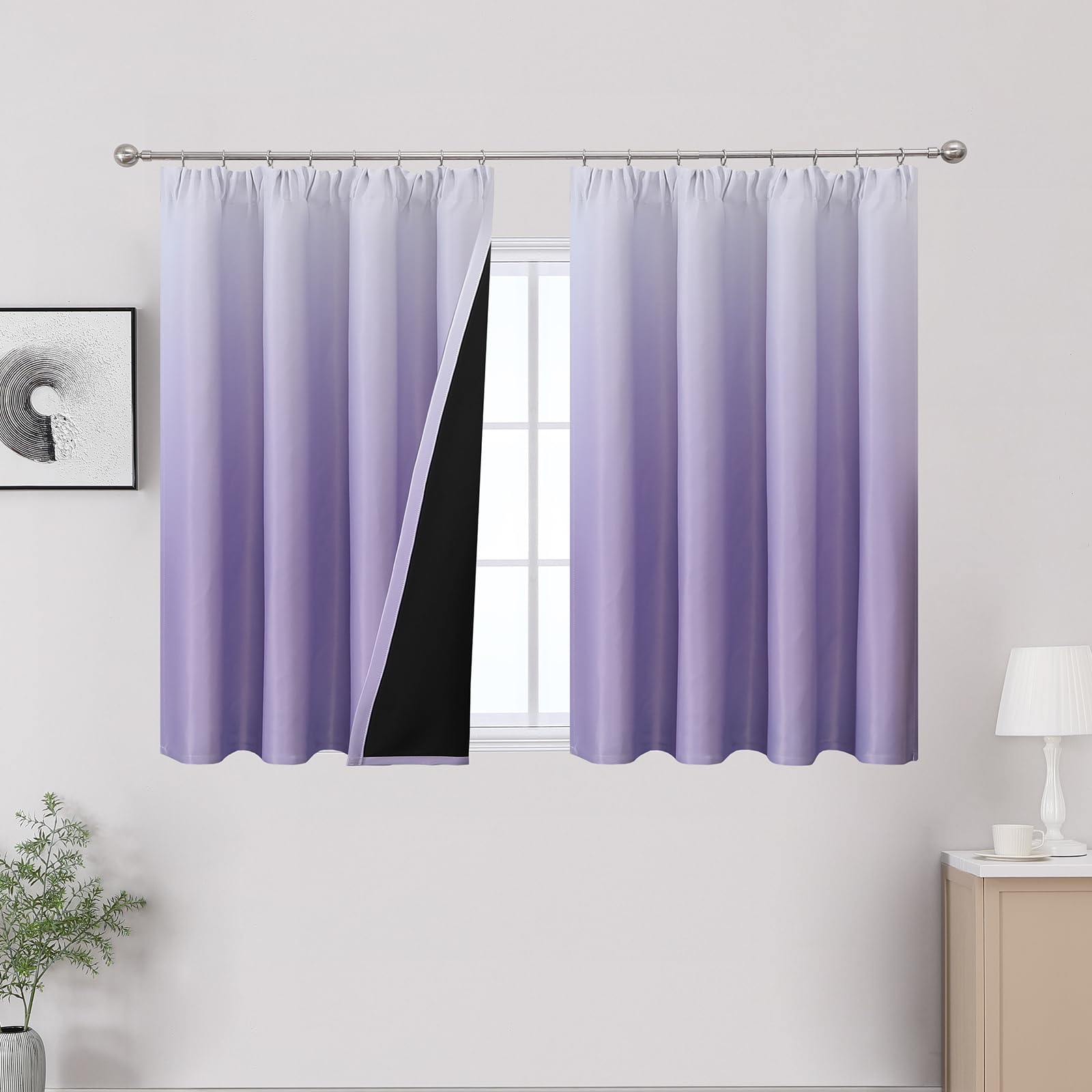 VEHEDE Lilac and White Blackout Curtains, 2 Panels Small Ombre Curtain for Bedroom, Gradient Pencil Pleat Thermal Insulated Drapes for Living Room, W46 x L54 Inch
