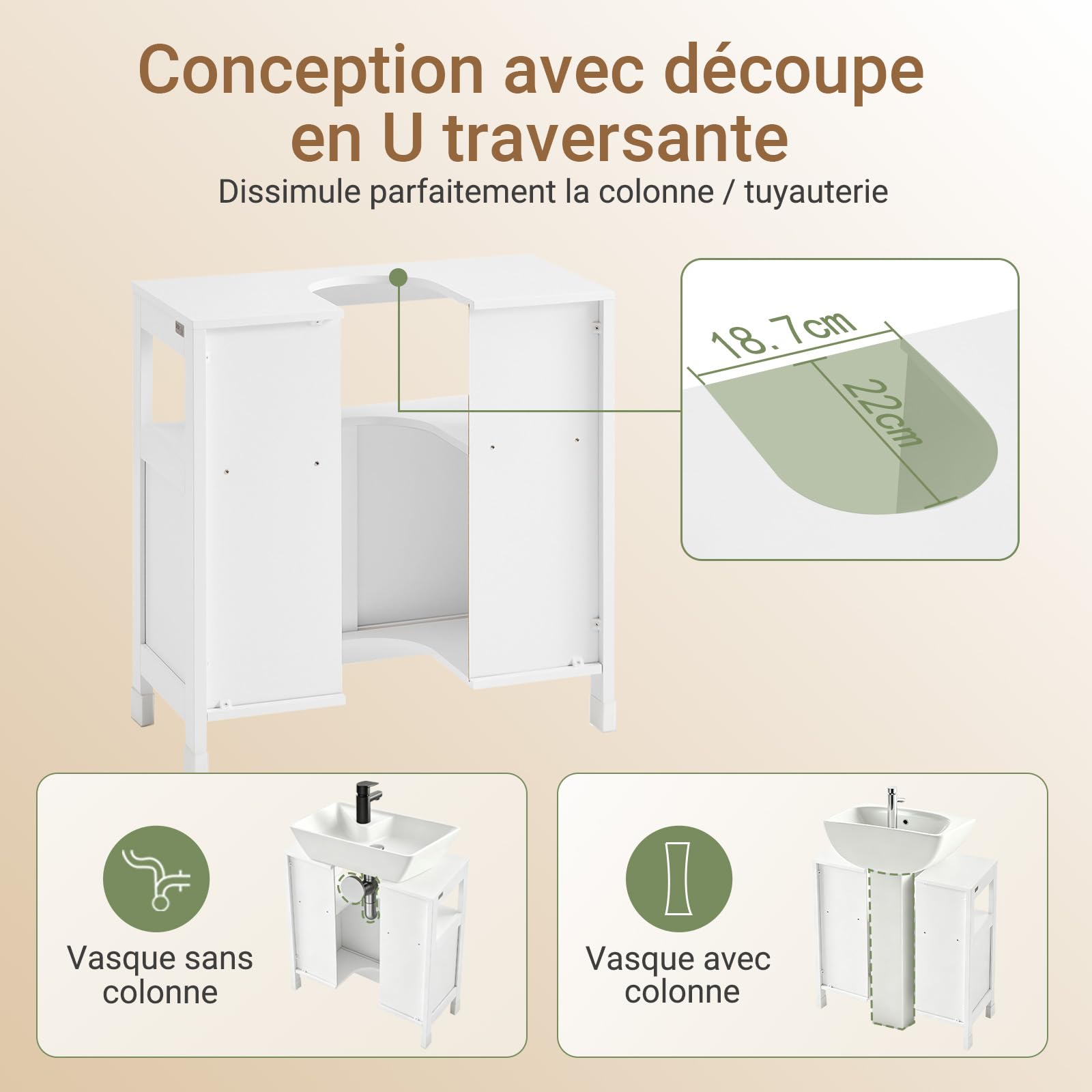 SoBuy Meuble sous Lavabo Salle de Bain avec 2 Portes Coulissantes Silencieuses, Meuble sous Lavabo, Rangement Optimisé pour Petite Surface, Anti-Humidité, Bois, Blanc, L60xP30xH60cm, FRG128-II-W
