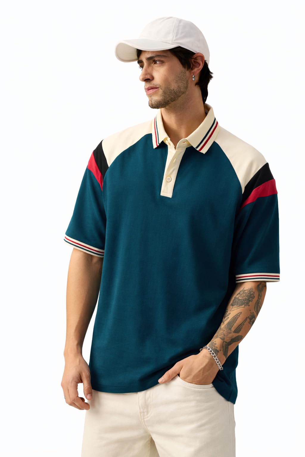 Blue Horizon: Men and Boys Short Sleeve Spread Collar Teal and Cream Colour-Block Cotton Oversized Heavy Gauge Breathable Lightweight Everyday All-Season Polos-image-14