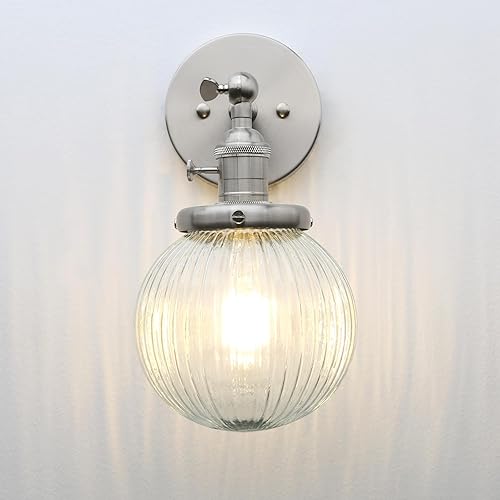 Miniatura 2 de PERMO Aplique de pared industrial vintage con mini pantalla redonda de vidrio acanalado de globo transparente de 5.9 pulgadas (cepillado)