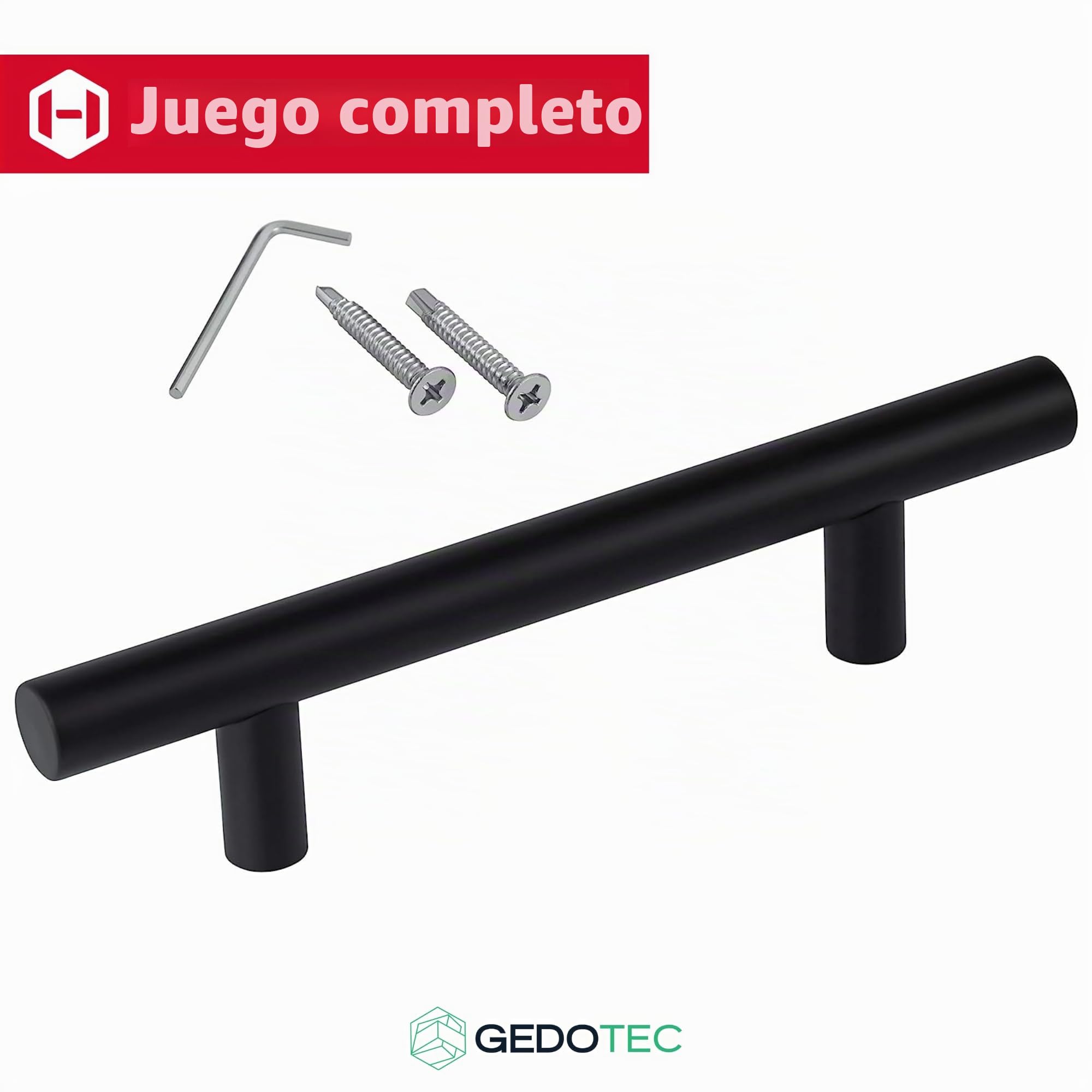 Gedotec Acero Inox Tirador Antiguo Manilla de la Puerta Accesorios Negro Mate | Longitud 350mm | Distancia Agujero 210mm | Mango Tipo Barra Redondo | 1 Pieza - Diseño Recto con Madera Material Montaje