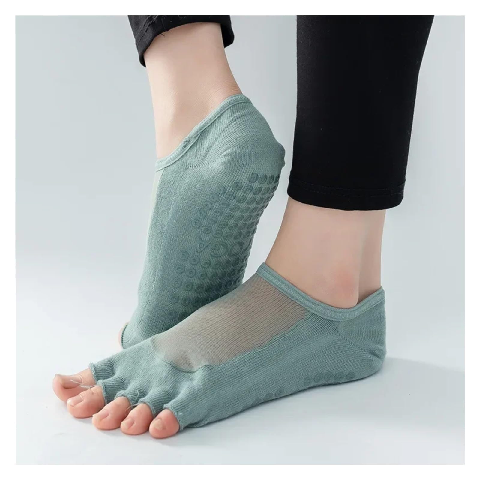 Calcetines con Punta Abierta for Yoga, Calcetines sin Dedos de Silicona Antideslizantes de Malla for Mujer, Calcetines Invisibles for Medio Dedo del pie para Yoga Pilates Gimnasio(Matcha)