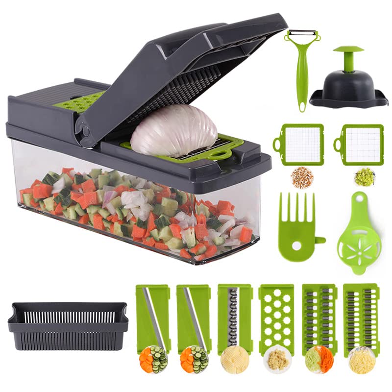 ANTOLEVegetable Chopper, Mandoline Slicer Pro Multifunctional 15 in 1 Food Chopper, Multi Blade Kitchen Food Vegetable Chopper Cutter with Container Drain Basket for Fruit Onion Potato,
