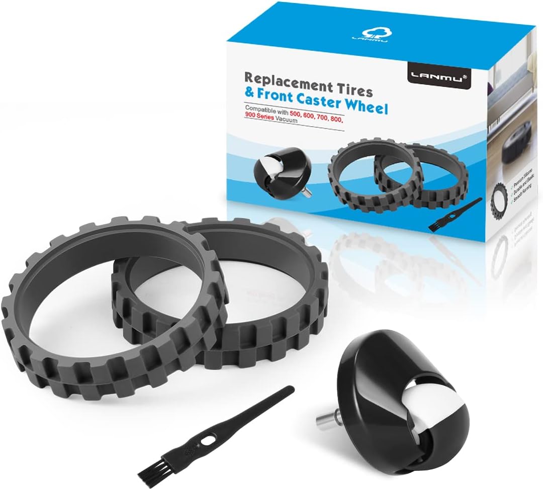 LANMU Replacement Tires Compatible with IRobot Roomba 500, 600, 700, 800, 900, E5, E6, i7 Series Vacuum, Front Caster Wheel Assembly (2 Pack Tires+1 Front Caster Wheel)
