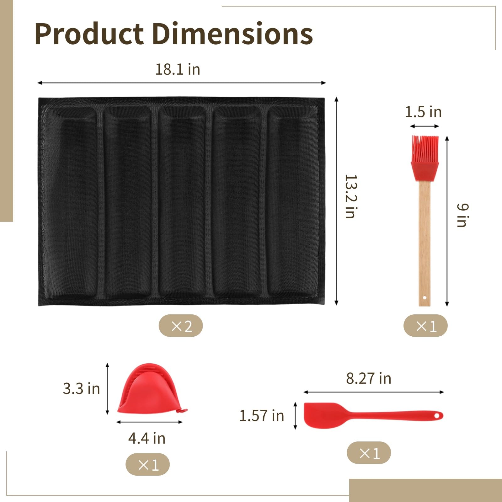 Generisch 2 Stk. 5-Fach Baguette-Backform, Fiberglas-Silikon-Backformen mit Silikonspatel, Pinsel und Hitzeschutz-Clip, belüftete Form für französisches Brot und Hotdog-Brötchen