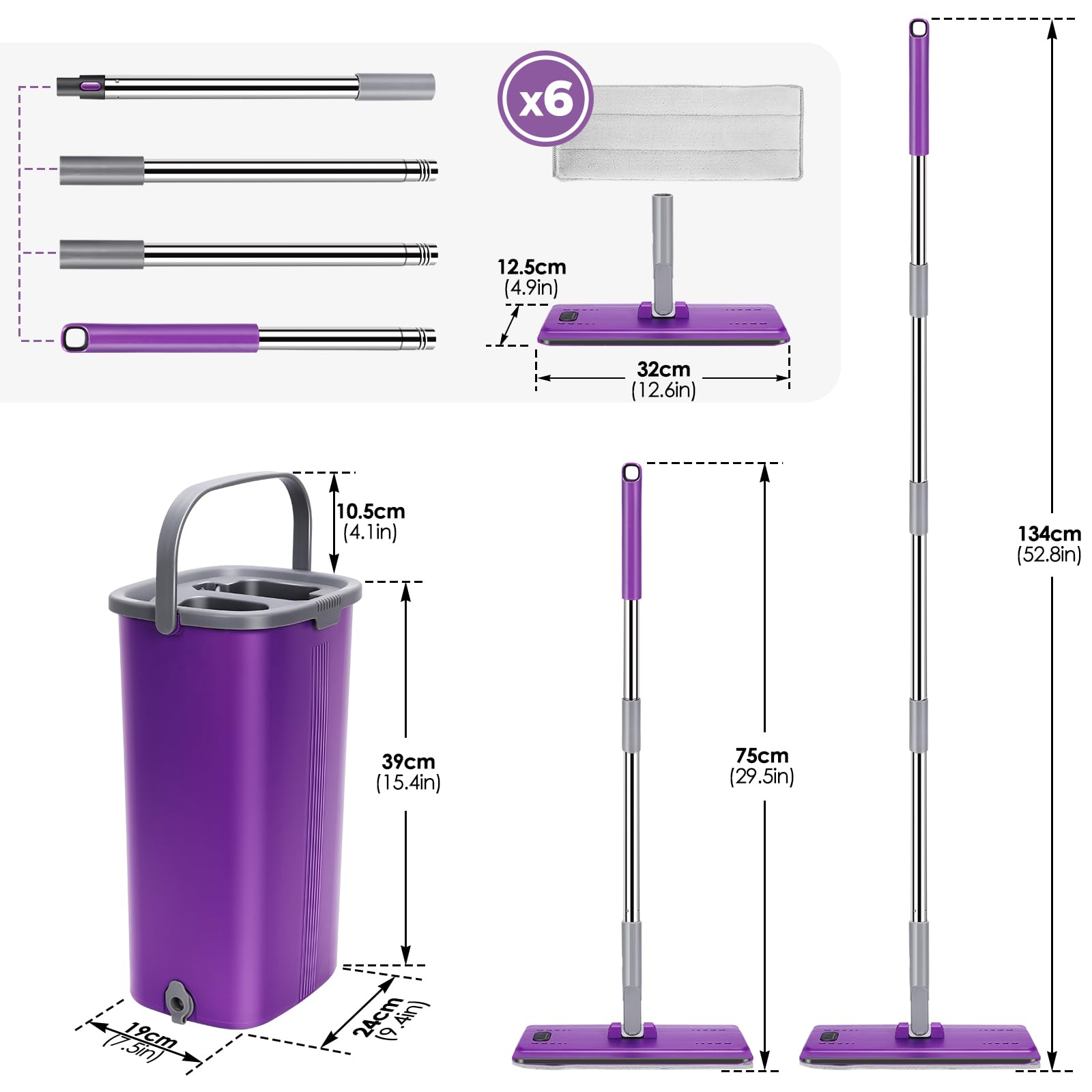 HEVOL Balai Serpillère Essoreur avec Seau, Balai Serpillère Autonettoyante avec 5 Tampons Réutilisables, Balai Plat Microfibre Rotative 360° pour Nettoyer Sol, Violet