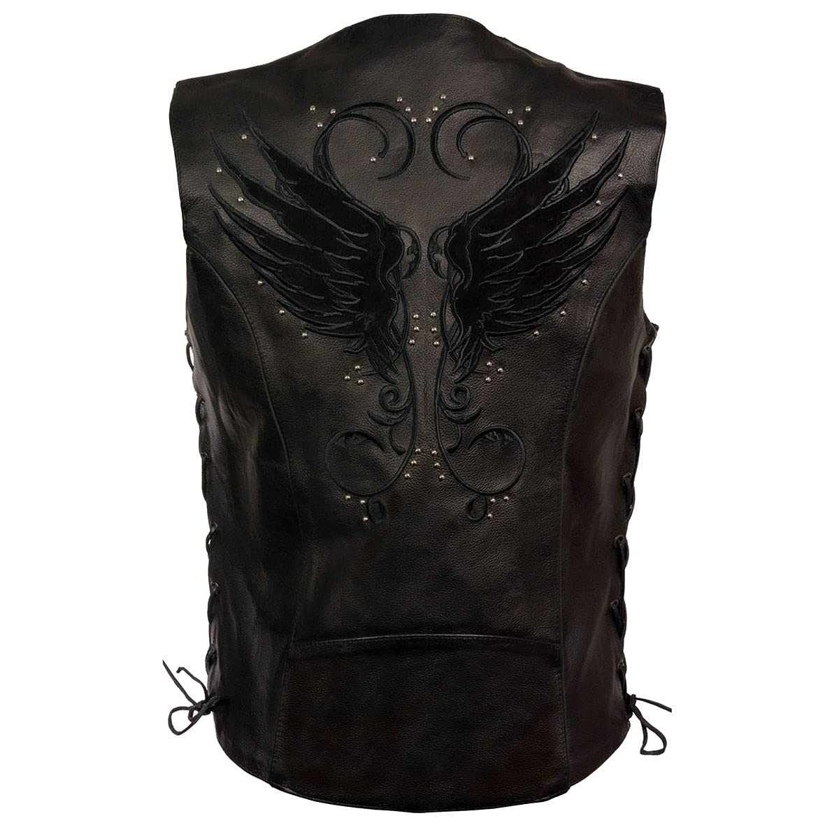 Milwaukee Leather MLL4505 Women's Black Leather Side Lace Motorcycle Rider Vest- Reflective and Studded Black Wings - X-Large