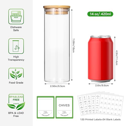 Miniatura 4 de STARSIDE Tarros de vidrio de 14 onzas con tapas de bambú, juego de 10 tarros de especias vacíos con etiquetas, recipientes herméticos para