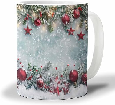 Coffee Mug, Merry Christmas Ornaments Red Balls Snow Pine Needles Tea Cup for Women and Men, Gifts for Mothers Day Nurse Gift Graduation Gift