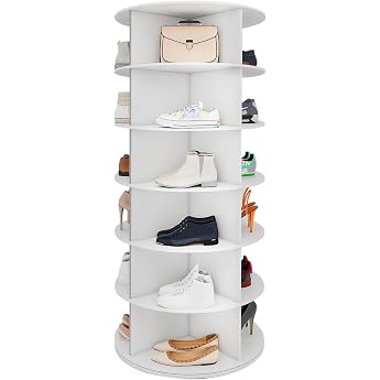 6 Tier Rotating Shoe Rack 360  Rotating Display White Lazy Susan Organiser Shoe Rack 24 Pairs Shoes Carousel for Hats and Handbags Includes 4 Double Layer Shoe Racks 6 Animals