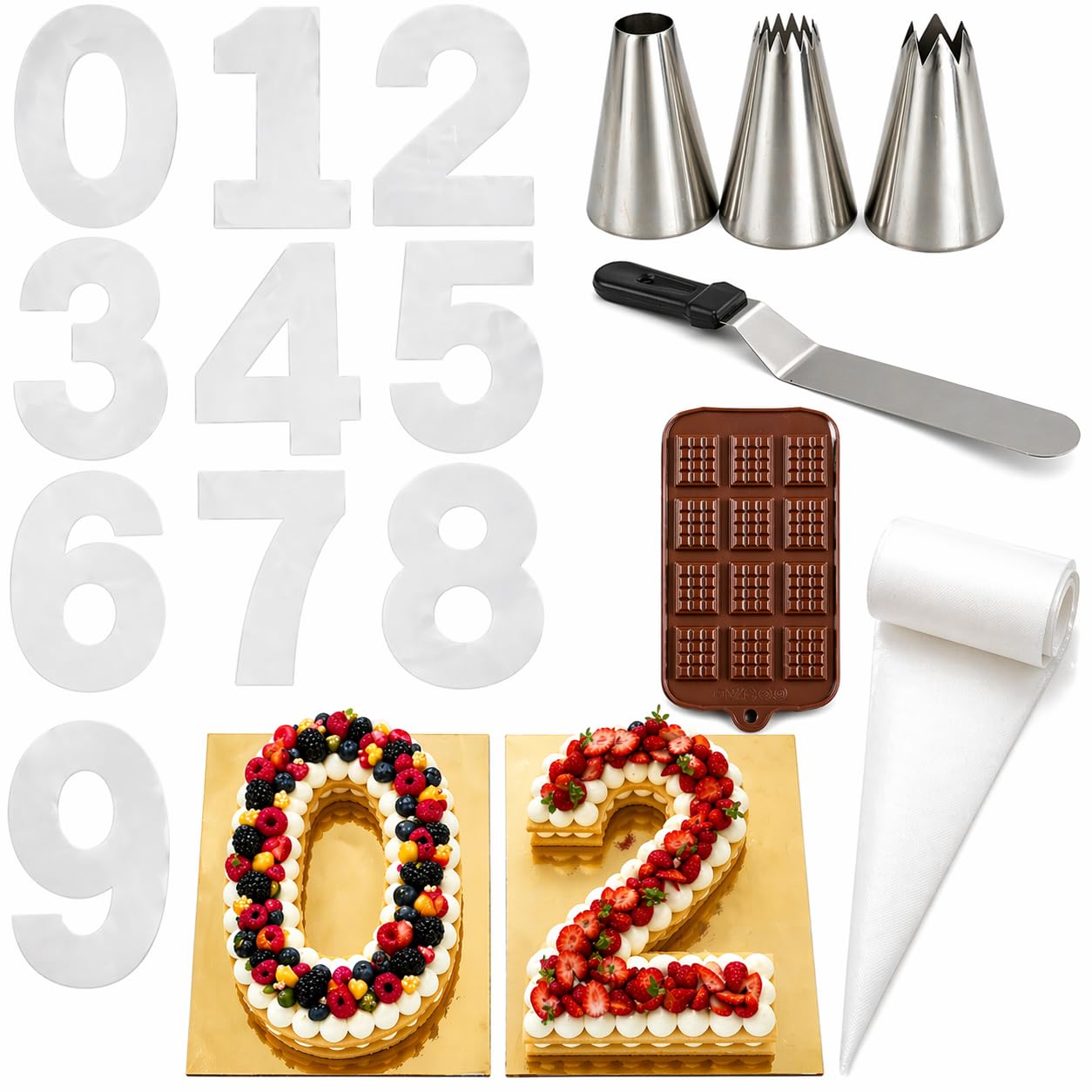 Number Cake Kit Complet 10-12 Parts – Gâteau Chiffre Parfait Dès le Premier Essai| Chiffres 0-9 + Douilles + Poches + Spatule + Moule Chocolat Offert