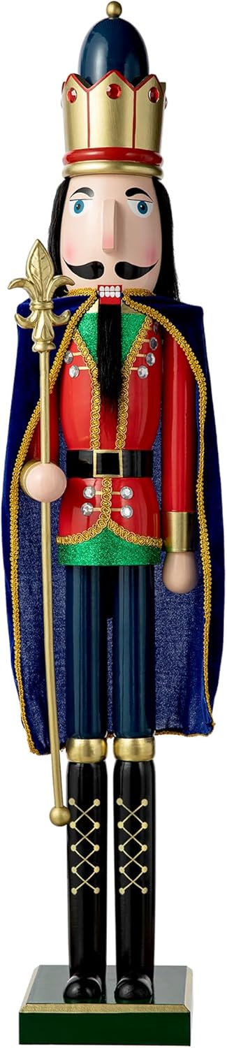 eUty King Nutcracker Christmas 36" H Wooden Nutcracker Decoration Large Size Xmas Welcome Nutcracker King with Blue Velvet Cloak Porch Figurine Decor-Indoor & Outdoor